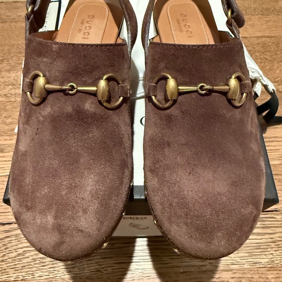 Gucci Brown Suede Mules with Gold Accents - Picture 2 of 7